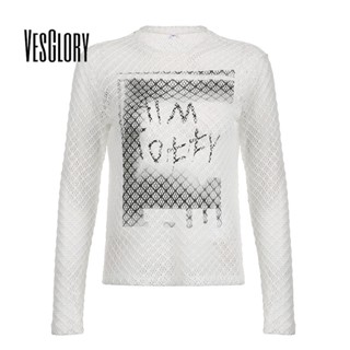 Vesglory เสื้อครอปท็อปลําลอง แขนยาว คอกลม พิมพ์ลายตัวอักษร ทรงหลวม สีตัดกัน แฟชั่นสําหรับสตรี 2023