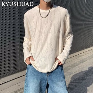 KYUSHUAD เยาวชนนิยมฮ่องกงแนวโน้มสบาย ๆ ใหม่ทุกวันคอกลมแขนยาวแฟชั่นเสื้อยืดผู้ชายอินเทรนด์สีทึบ