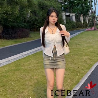 Ice- เสื้อเชิ้ตแขนยาว คอปก ผูกเชือก ผ้าเชียร์ ฤดูใบไม้ร่วง สําหรับผู้หญิง