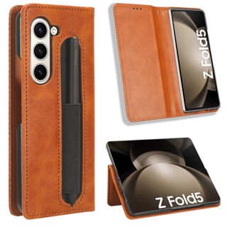 เคสโทรศัพท์มือถือหนัง ฝาพับ พร้อมช่องใส่บัตร และคลิป สําหรับ Samsung Galaxy Z Fold 5 Z Fold5 Fold4 3