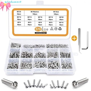Wisdomest ชุดน็อต และแหวนรอง สเตนเลส M3 สกรูเมตริก 4 5 6 8 10 12 14 16 18 20 25 มม. 570 ชิ้น|สกรูยานยนต์