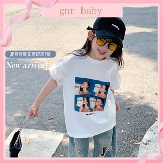 🍎GNR BABY🍊เสื้อยืดแขนสั้น ผ้าฝ้าย ทรงหลวม พิมพ์ลาย สไตล์เกาหลี สําหรับเด็กผู้หญิง อายุ 3-12 ปี