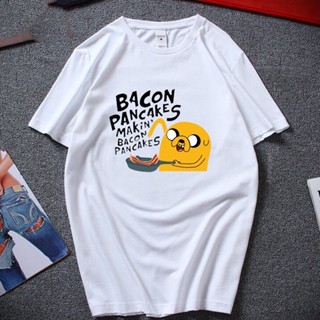 2023 แฟชั่น เสื้อยืดแขนสั้น ผ้าฝ้าย พิมพ์ลายแพนเค้ก adventure time jake and finn Bacon สีขาว เสื้อยืด