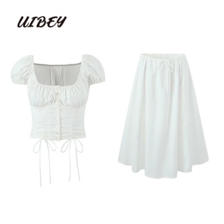 Uibey เสื้อท็อป คอสี่เหลี่ยม แบบผูกเชือก และกระโปรงยาวครึ่งหนึ่ง แฟชั่น 7034