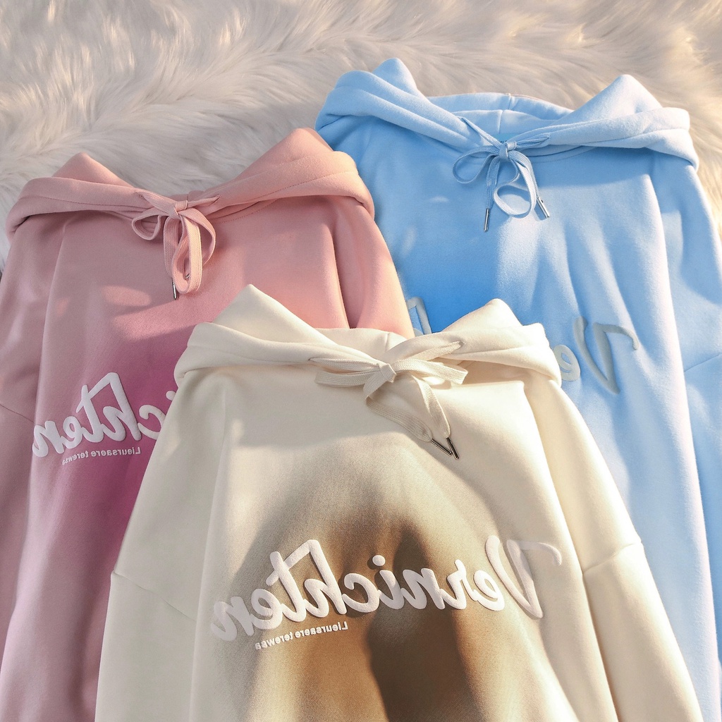 เสื้อกันหนาวแขนยาว มีฮู้ด ผ้ากํามะหยี่ พิมพ์ลายตัวอักษร แบบสวมหัว ขนาดใหญ่ สไตล์เกาหลี แฟชั่นสําหรับผู้หญิง