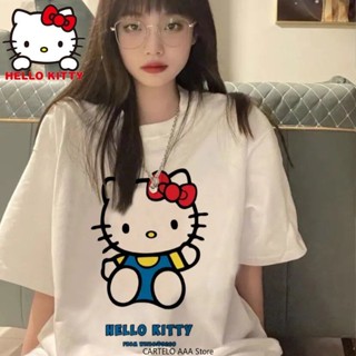  Kawaii Hello Kitty Shirt Y2k Top Women Clothes Cotton Japanese Sanrio Kuromi Short Sleeve T-shirt Female Couple Loose S