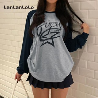 Lanlanlolo เสื้อยืดลําลอง แขนยาว คอกลม พิมพ์ลาย ทรงหลวม สีคอนทราสต์ สําหรับสตรี 2023