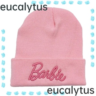 Eucalytus1 หมวกถัก ผ้าวูล แบบสวมหัว ปักลายแมวบาร์บี้ ให้ความอบอุ่น สีชมพู สําหรับผู้หญิง