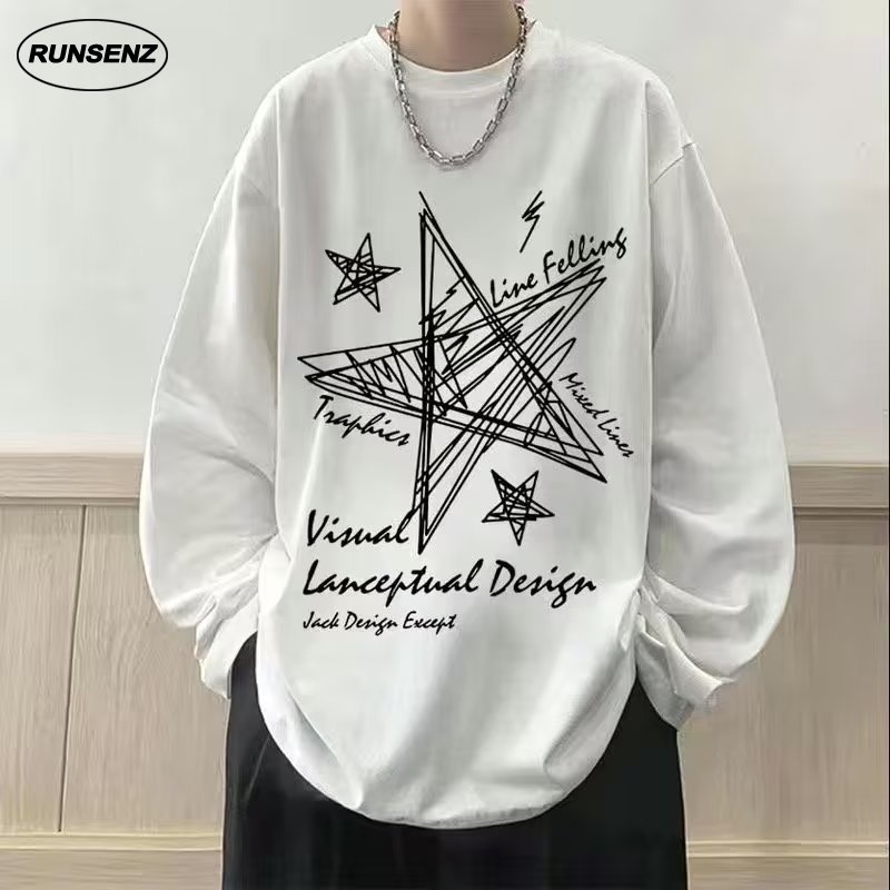 เสื้อยืดแขนยาวลําลอง ทรงหลวม ขนาดใหญ่ โอเวอร์ไซซ์ ลายดาวห้าแฉก แฟชั่นสําหรับผู้ชาย ไซซ์ M-8XL