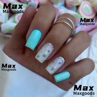 Maxg เล็บปลอมแฟชั่น ทรงสี่เหลี่ยมยาว ลายดอกไม้ สีเขียว ถอดออกได้ DIY