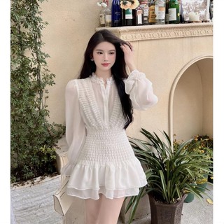 ชุดเดรสสั้น แขนยาว ผ้าชีฟอง จับจีบ สีขาว แฟชั่นฤดูใบไม้ผลิ และฤดูใบไม้ร่วง สไตล์เฮปเบิร์น สําหรับผู้หญิง