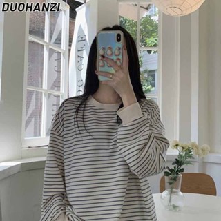 Duohanzi เสื้อกันหนาว แขนยาว ลําลอง ทรงหลวม ลายทาง พลัสไซซ์ สําหรับผู้หญิง