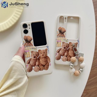 Jusheng เคสโทรศัพท์มือถือ PC แบบแข็ง ลายหมีเท็ดดี้ พร้อมสายโซ่คล้อง สําหรับ OPPO Find N2