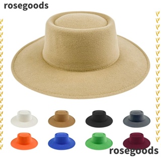 Rosegoods1 หมวกปีกกว้าง ผ้าสักหลาด สีพื้น สไตล์อังกฤษ คลาสสิก ฤดูใบไม้ร่วง ฤดูหนาว