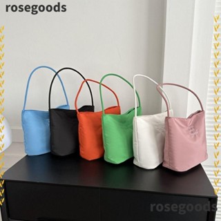 Rosegoods1 กระเป๋าถือ กระเป๋าสะพายไหล่ ทรงโท้ท ปักลายตัวอักษร ความจุสูง สีพื้น สไตล์มินิมอล สําหรับเด็กผู้หญิง