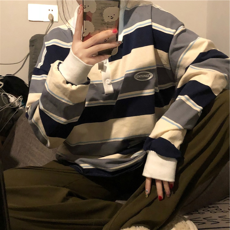 เสื้อกันหนาวแขนยาวลําลอง คอโปโล ลายทาง แบบเรียบง่าย สไตล์เกาหลี และอเมริกัน เรโทร สําหรับผู้หญิง