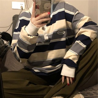 เสื้อกันหนาวแขนยาวลําลอง คอโปโล ลายทาง แบบเรียบง่าย สไตล์เกา…