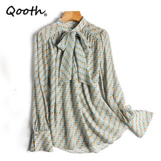 Qooth เสื้อแขนยาว ผ้าเรยอน ผูกโบว์ สีเขียว แฟชั่นฤดูใบไม้ผลิ ฤดูใบไม้ร่วง สําหรับผู้หญิง QT2051