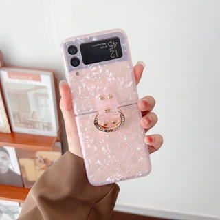 เคสโทรศัพท์มือถือแบบนิ่ม ฝาพับ พร้อมแหวนขาตั้ง สีชมพูอ่อน ขาว สําหรับ Samsung Galaxy Z Flip 4 5G Flip 3 2 1 Flip4