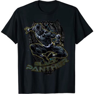 เสื้อยืดแขนสั้น ผ้าฝ้าย 100% พิมพ์ลายกราฟฟิค Marvel Black Panther Gold Trimmed Pounce แฟชั่นสําหรับผู้ชาย และผู้หญิง