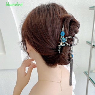 Bluevelvet กิ๊บติดผม รูปปลาดาว ประดับพู่ คริสตัล สีฟ้า เรียบง่าย สร้างสรรค์ เครื่องประดับ สําหรับผู้หญิง