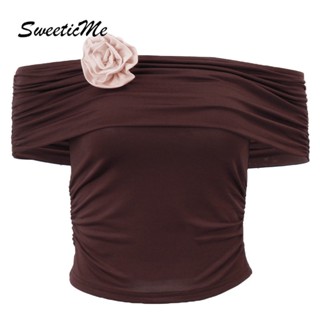 Sweeticme ใหม่ เสื้อยืด เปิดไหล่ เข้ารูป ลายดอกไม้ เข้ากับทุกการแต่งกาย แฟชั่นสําหรับผู้หญิง 2023