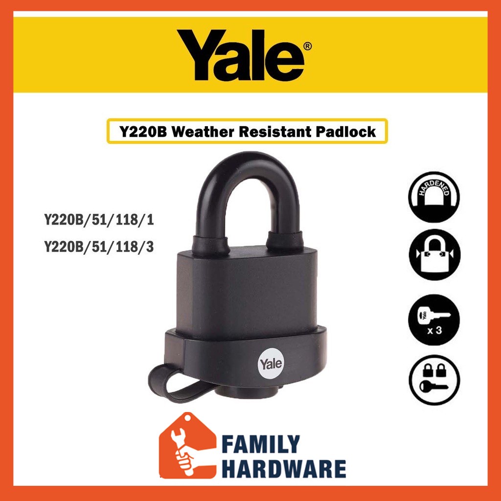 Yale y220b/51/118/1 51 มม.Y220B/51/118/3 สีดํา Weatherproof Padlock พร้อมฝาครอบป้องกัน y220b-51-118-