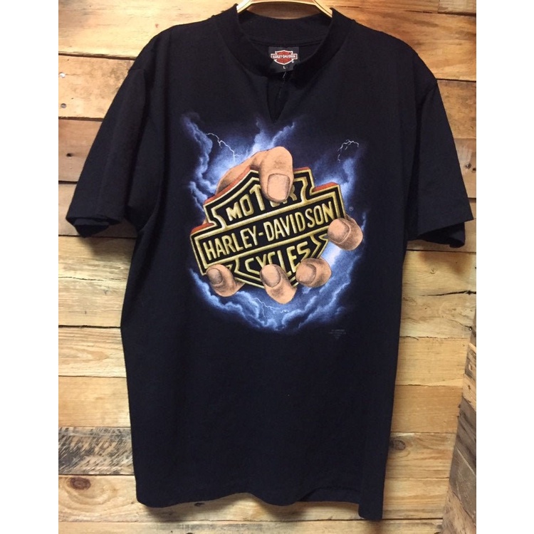 QCคอลูกเรือเสื้อยืดผู้ชายพิมพ์ลายโลโก้ 3D Emblem Vintage 1990s Harley DavidsonS-5XL