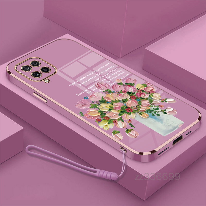 เคสโทรศัพท์มือถือ ซิลิโคน ลายดอกไม้ พร้อมสายคล้อง สําหรับ Samsung A12 A22 4G A22 5G A32 4G A32 5G A52 A72 4G