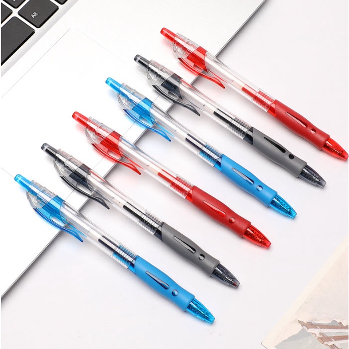 S0122 ปากกา หมึกเจล แบบกด มี3สี เขียนลื่น จับถนัดมือ มาใหม่ ด้ามใส มีกริป ปากกาลูกลื่น