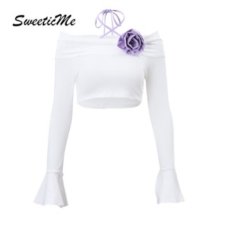 Sweeticme ใหม่ เสื้อยืดลําลอง เปิดไหล่ แขนบาน เข้ารูป ลายดอกไม้ สีพื้น แฟชั่นสําหรับสตรี 2023