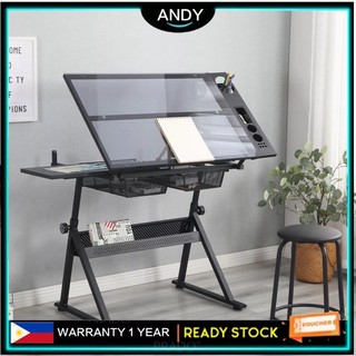 [With lamp] Drafting Glass Table Height Adjustable Drawing Table Extra Side Drawers with Leath Chair