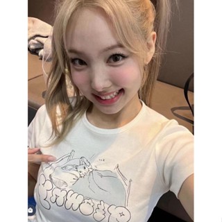[SR-STUDIO] พร้อมส่ง เสื้อยืดแขนสั้น ผ้ายืด พิมพ์ลายกระต่าย สไตล์เกาหลี