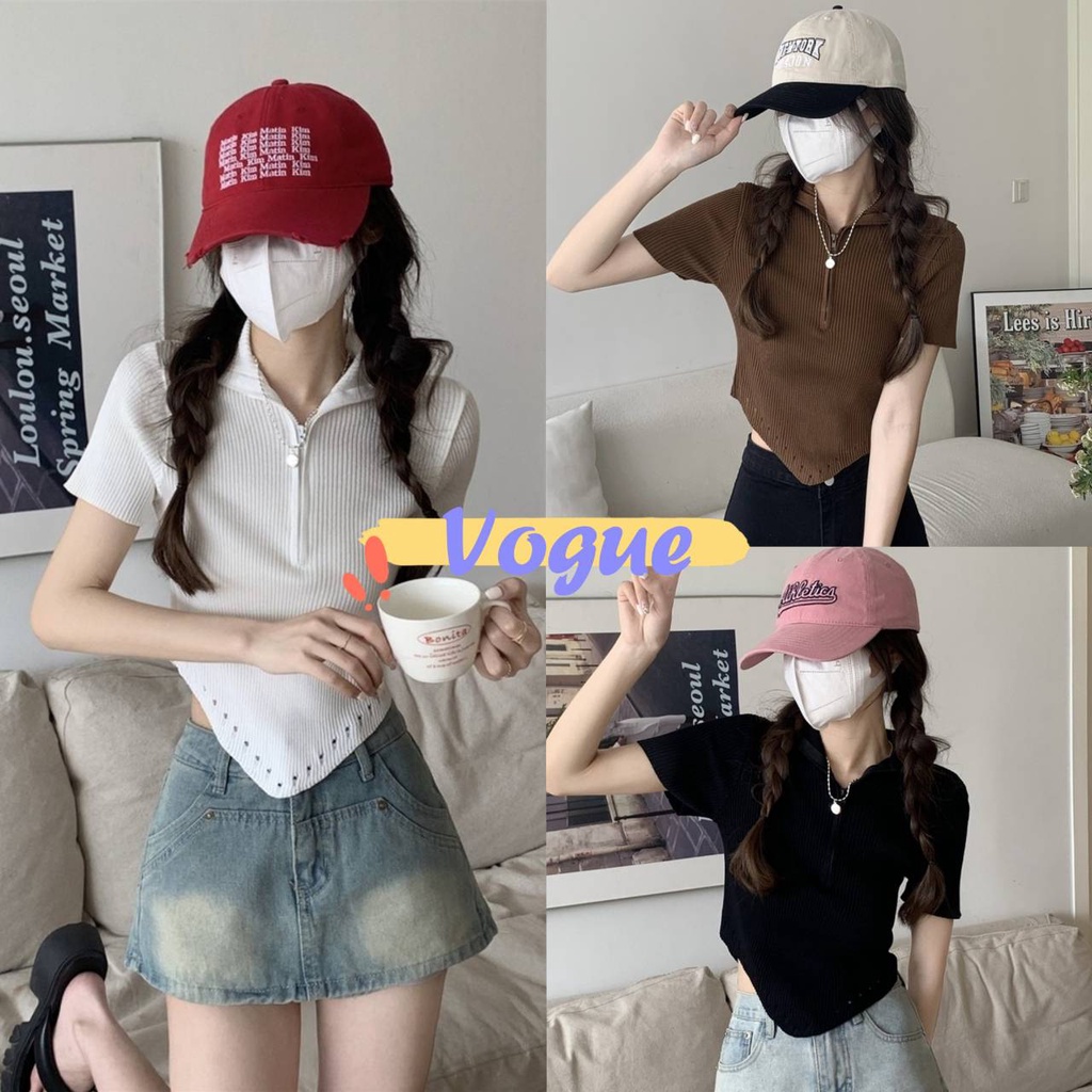 Vogue🌟พร้อมส่ง🌟 เสื้อไหมพรมคอเต่าแขนสั้น ปรับซิปเป็นคอปกได้เก๋มาก (M0708-1) -C