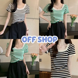 OFF SHOP พร้อมส่ง (OFF-88618) เสื้อไหมพรมแขนสั้น คอกลม ดีเทลลายทางคิ้วๆ -C