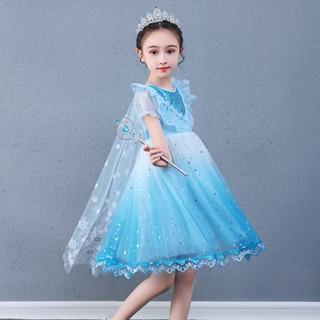 Disney Ice Snow Princess Elsa Dress kids Short Sleeve Mesh Ponchy Short Skirt（48）