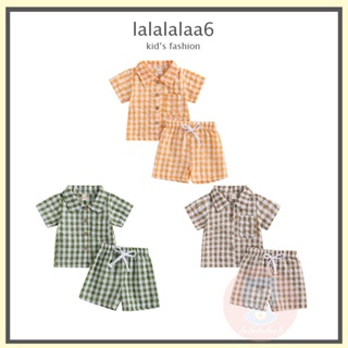 Laa6- เสื้อเชิ้ตแขนสั้น คอปก ลายสก๊อต และกางเกงขาสั้น เอวยางยืด แฟชั่นฤดูร้อน สําหรับเด็กผู้ชาย