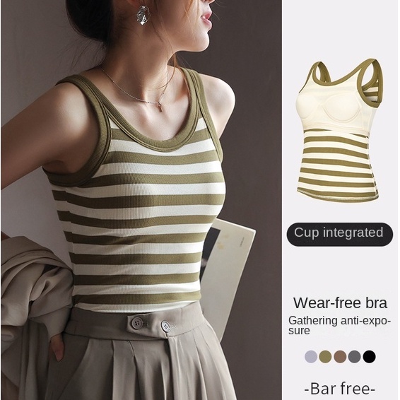 ( Ready Stock )2 In1 เสื้อครอปท็อป ท็อป บรา เสริมฟองน้ํา ลายทาง สไตล์เกาหลี สําหรับผู้หญิง