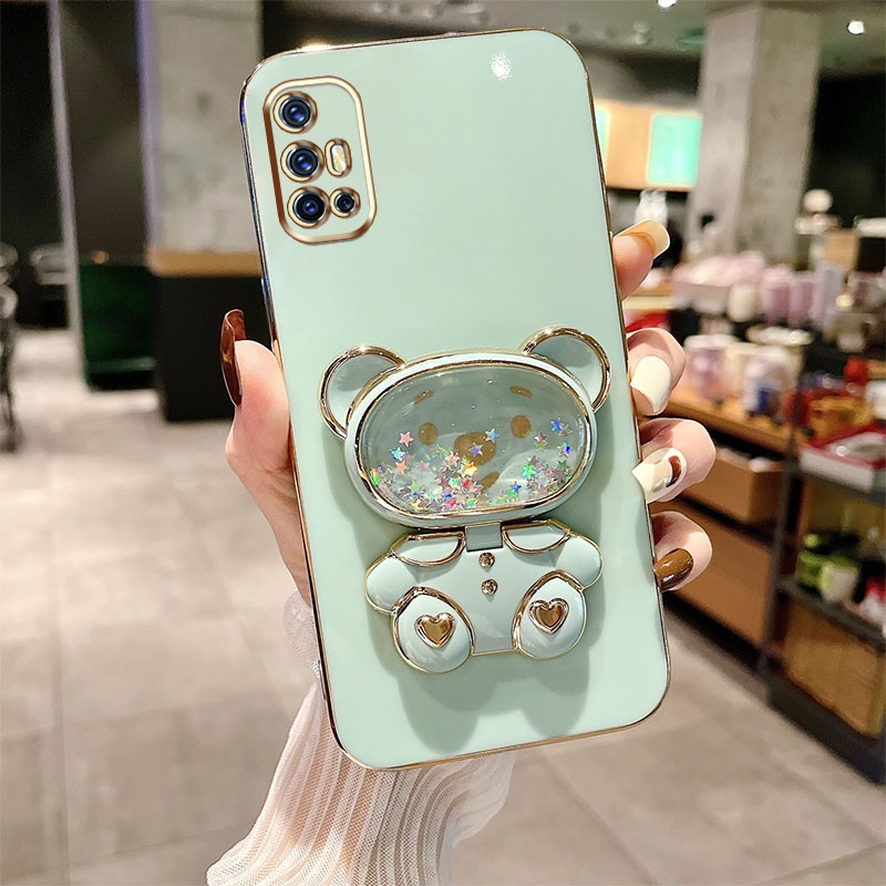 หรูหรา Electroplated เคสโทรศัพท์สําหรับ Vivo V17 V19 Neo น่ารัก Quicksand Liquid Bear Bracket พร้อม Make Up กระจก