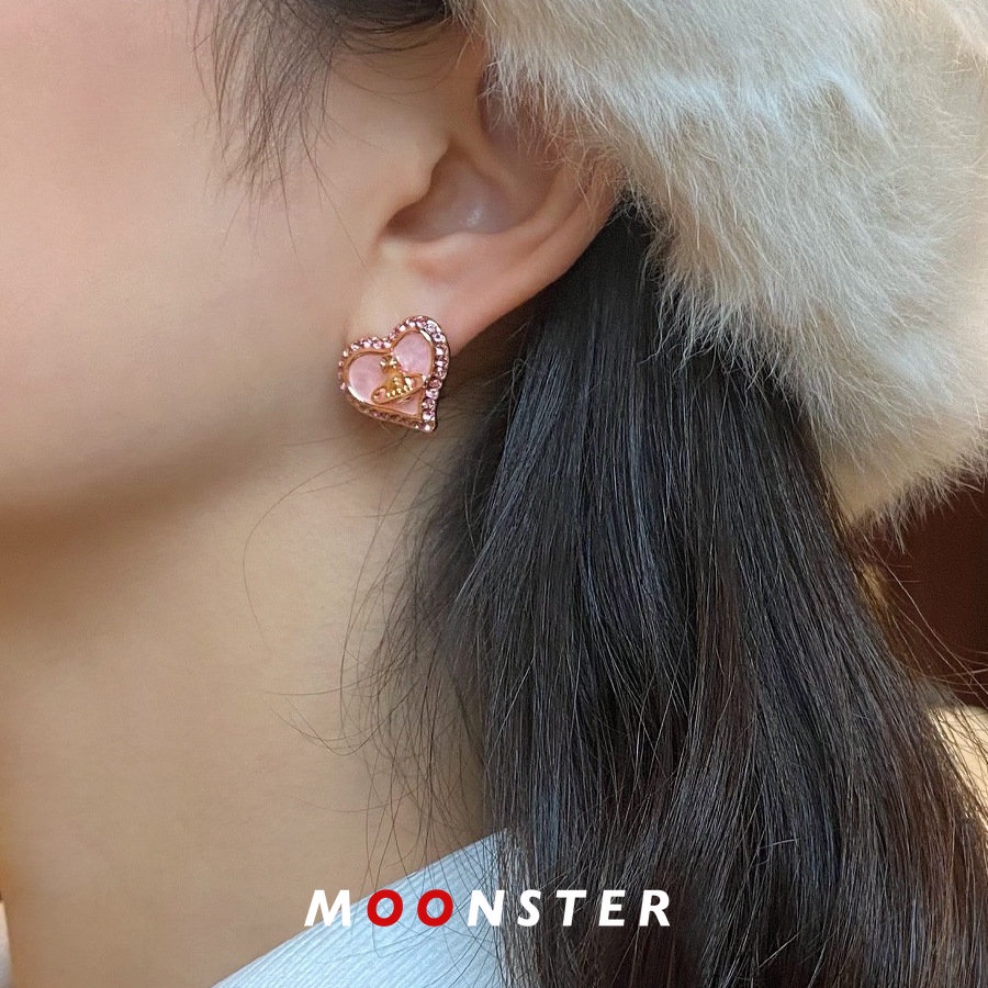 Vivienne westwood Saturn Rose Gold Love Pink Diamonds Dropping Oil Saturn หูคลิปหญิง INS หรูหราหู Studs หวาน Cool สไตล์