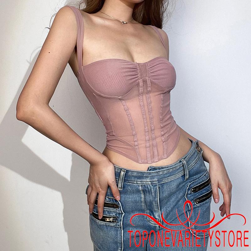 Topone-เสื้อกล้ามรัดตัวผู้หญิงแขนกุด Ruched ด้านหน้าสีทึบ Boned Mesh Bustier
