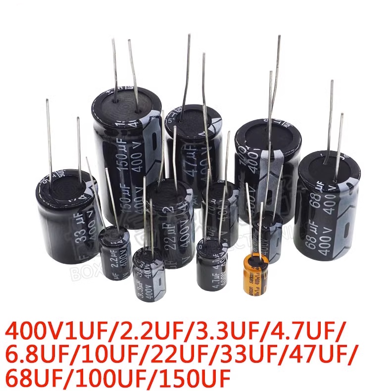 ตัวเก็บประจุไฟฟ้าอลูมิเนียมแทรกโดยตรง 400V 1UF / 10UF / 3.3 / 4.7 / 6.8 / 2.2 / 22 / 33 / 47 / 68 / 100 / 150UF