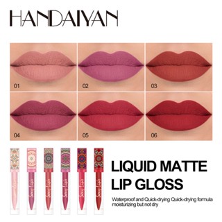 【COD】 Handaiyan ลิปกลอสเนื้อแมทกันน้ำ 6 สี สีน้ำตาลนู้ด Pigment สีแดงเข้มติดทนนานลิปสติกแบบน้ำกำมะหยี่ผู้หญิงลิปกลอสเครื่องมือแต่งหน้าทาปาก