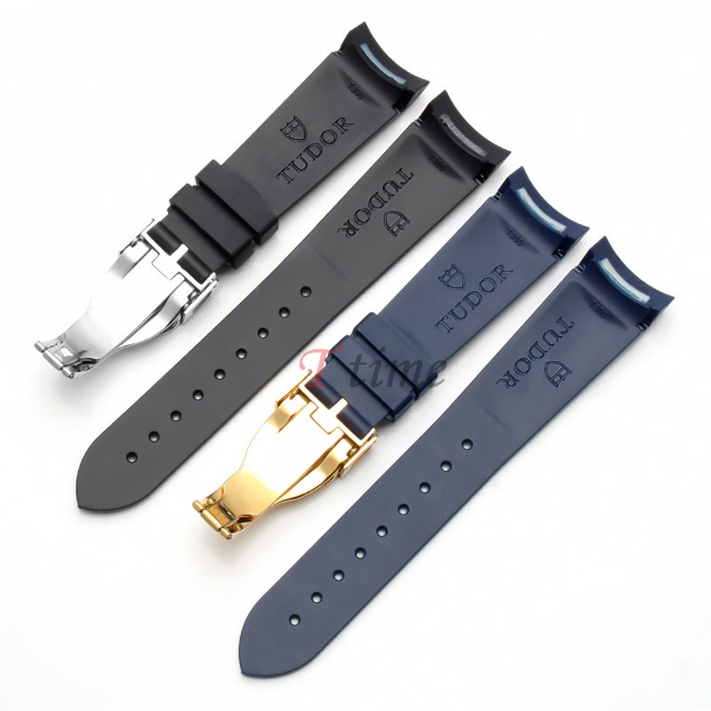 คุณภาพสูง Fluororubber สายนาฬิกาสําหรับ Tudor Black Bay 22 มม.Curve End สร ้ อยข ้ อมือซิลิโคนกันน ้ ําสายรัดนุ ่ มโลโก ้ พับหัวเข ็ มขัด Pin Buckle