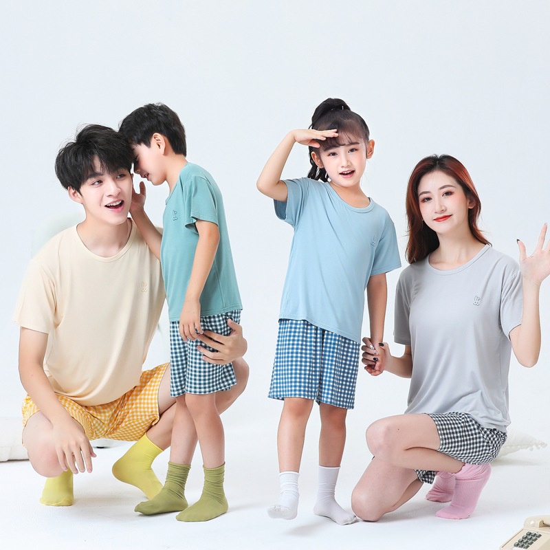【YAOEENH】ชุดนอนแขนสั้น กางเกงขาสั้น ลายสก๊อต สีพื้น สําหรับแม่ และลูก ขนาด 90-180 ซม.