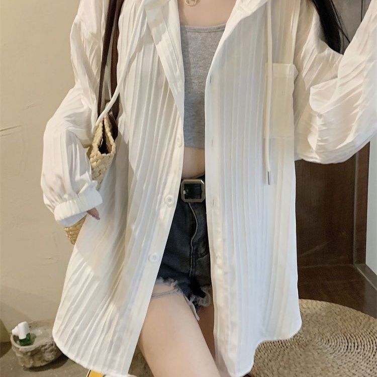 เสื้อแจ็กเก็ตกันแดด มีฮู้ด ทรงหลวม แบบบาง พลัสไซซ์ สีขาว แฟชั่นฤดูร้อน สําหรับผู้หญิง