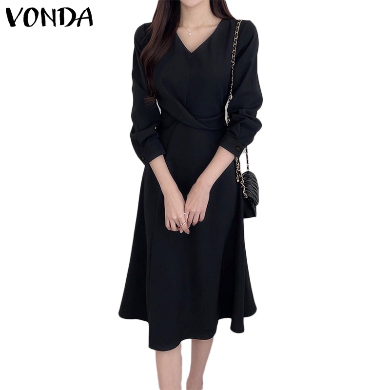 Vonda ชุดเดรสลําลอง แขนยาว คอวี เอวสูง ทรงเอ สไตล์เกาหลี สําหรับผู้หญิง