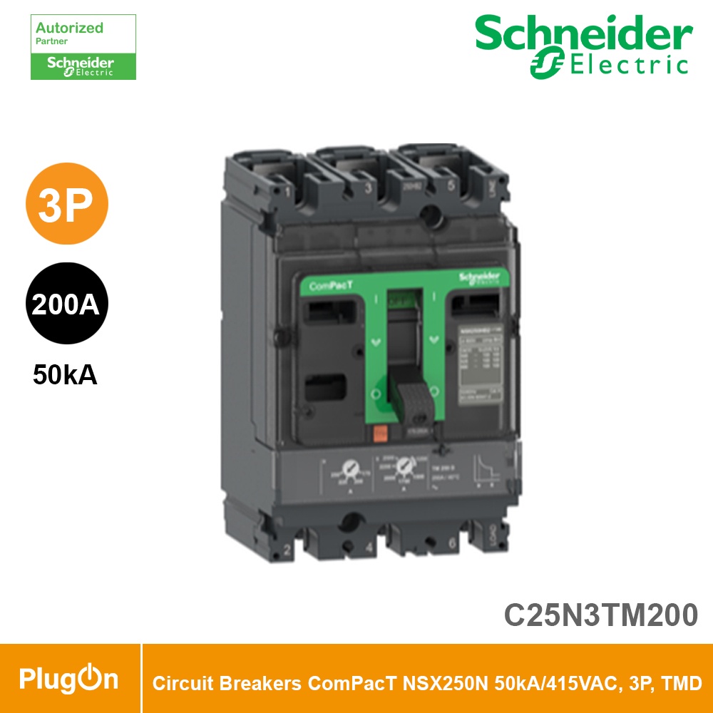 Schneider Circuit breaker, ComPacT NSX250N, 50kA/415VAC, 3P, TMD trip unit 200A | C25N3TM200 |PlugOn