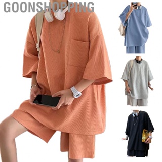 Goonshopping Casual Two Piece Short Set  Above Knee Length Man Two Piece Outfits Waffle Texture Soft Breathable  for Summer