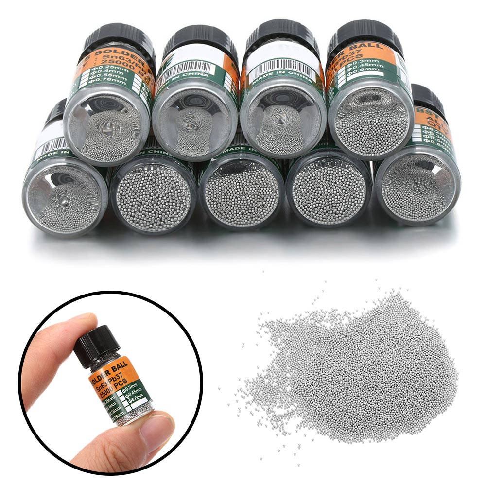25000 ชิ้น/ขวด 0.2 0.3 -0.65 มม. BGA Reballing Balls ตะกั่วสําหรับชิป IC อุปกรณ์บัดกรี Ball วัสดุดีบุก Sn63/Pb37